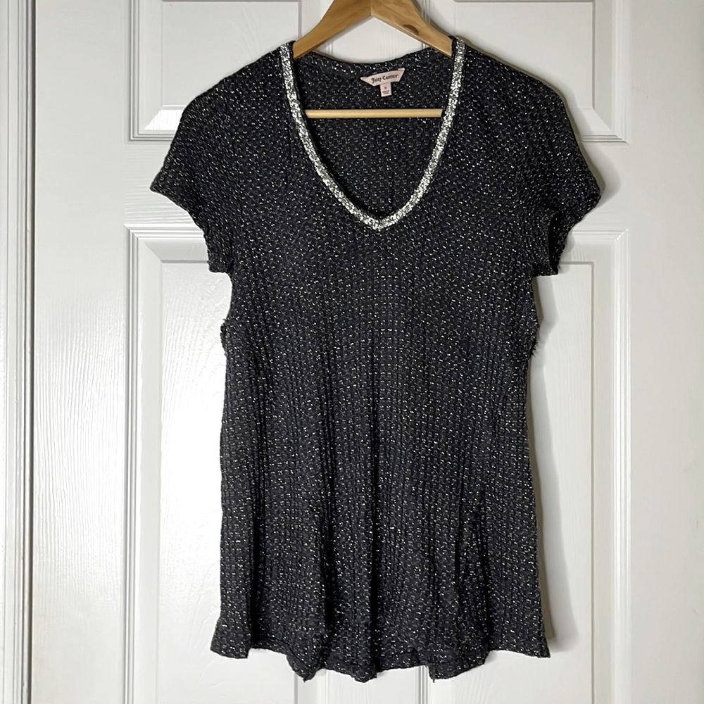 Juicy Coutoure gray tunic with silver threads and silver crystal neckline